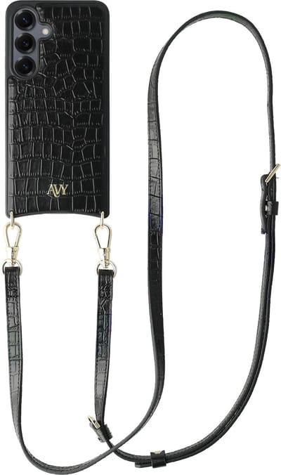 AVY Leren Hoesje Geschikt voor Samsung Galaxy S25 / S24 | Compatibel met MagSafe | Leather Case met Telefoonkoord | Crossbody | Croco Zwart | Long Leather