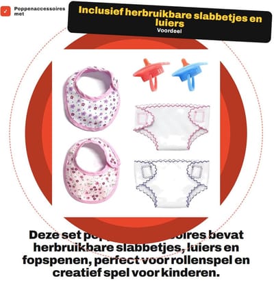 Dailygoods- Poppenaccessoires Herbruikbaar - Slabbetjes/Luiers - Rollenspeelgoed - Poppenvoedingsaccessoires - Fopspenen - Katoenen Materiaal - Poppenkleding
