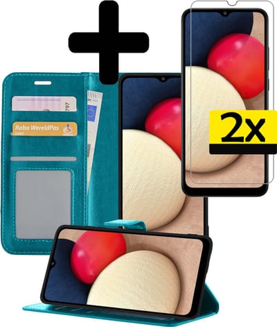 Hoesje - Met 2x Screenprotector - Geschikt voor Samsung Galaxy A02s - Luxe Pasjeshouder - Bookcase Portemonee - Flip Case - Kunstleer Book Case - Flipcase Hoes - Book Cover - Walletcase - Portemonneehoes - Telefoonhoesjes - Turquoise
