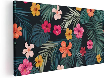Artaza Canvas Schilderij Tropische Bloemen - 40x20 cm - Klein - Wanddecoratie Botanisch - Muurdecoratie Bladeren - Schilderijen Op Canvas