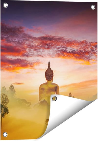 Gards Tuinposter Boeddha Beeld in de Mist - 40x50 cm - Tuindoek - Tuindecoratie - Wanddecoratie buiten - Tuinschilderij
