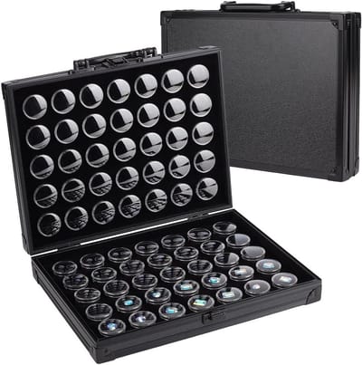 Sieradenstandaard en opbergdoos voor edelstenen, 32 x 18 mm, met aluminium organizer voor kleine sieraden en losse diamanten, 70 stuks, zwart en praktisch georganiseerd
