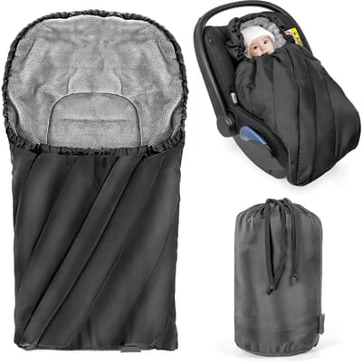 Deluxe voetenzak voor babyschaal (geschikt voor Maxi-Cosi, Cybex, Kiddy) - baby winter-voetenzak gemaakt van zachte thermo-fleece met riemgleuven, capuchon en zak - zwart grijs