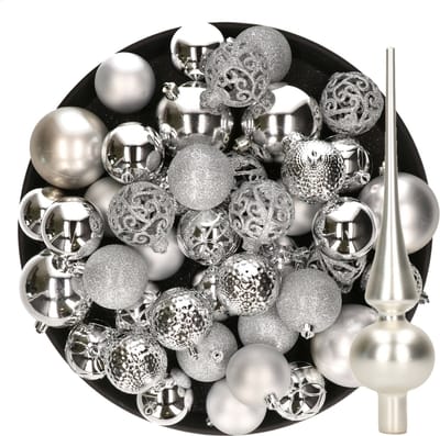 Kerstversiering kunststof kerstballen met glazen piek zilver 6-8-10 cm pakket van 39x stuks - Kerstboomversiering