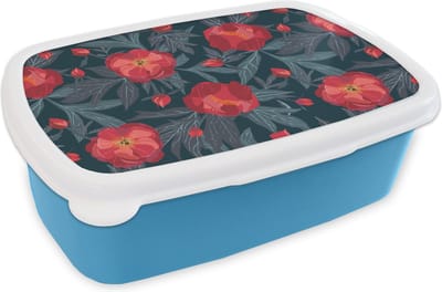 Broodtrommel Blauw - Lunchbox - Brooddoos - Bloemen - Rood - Bladeren - Patronen - 18x12x6 cm - Kinderen - Jongen