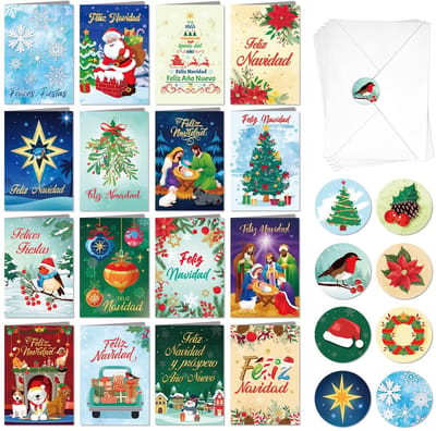 Allecto - Spaanse Kerstkaarten - 16 stuks met Enveloppen en Stickers - Perfect voor Felicitaciones Navideñas - Feestelijk en kleurrijk - Ideaal voo...