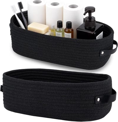Handgemaakte Gevlochten Katoenen Opbergmanden met Leren Handvatten, 28x10x10cm, Perfect voor Badkamer, Slaapkamer en Keuken, Set van 2 (Zwart)