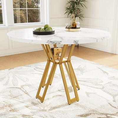 DESMIU Ronde Eettafel - Marmerlook Blad En Gouden Metalen Poten - Voor Eetkamer, Woonkamer En Kantoor - MDF En Metaal - 100x100x76 Cm