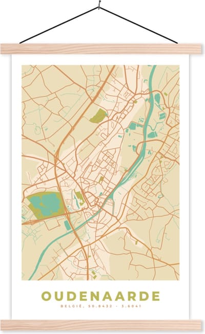Posterhanger incl. Poster 40x60 cm - Schoolplaat - Stadskaart - Plattegrond - Vintage - Oudenaarde - Kaart - Textielposter - Blanke latten - Stadskaart