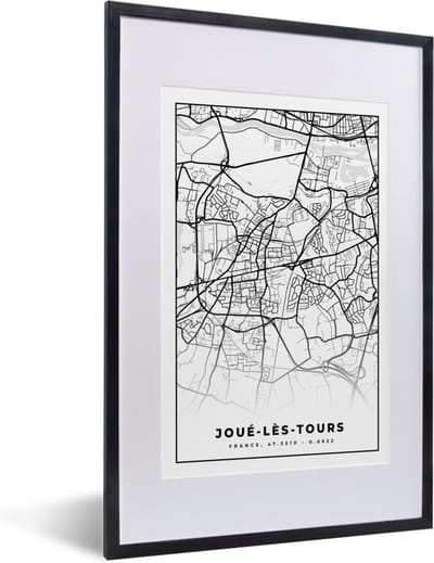 Fotolijst incl. Poster Zwart Wit- Frankrijk - Kaart - Plattegrond - Joué-lès-Tours - Stadskaart - Zwart wit - 40x60 cm - Posterlijst