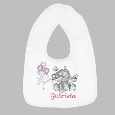 Gepersonaliseerd slabbetje met geborduurde olifantje met ballonnen en naam