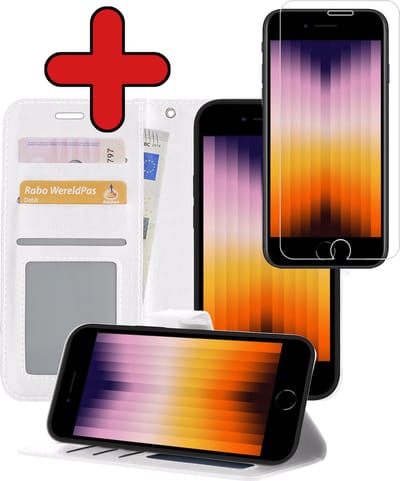 Hoesje - Met Screenprotector - Geschikt voor Apple iPhone SE (2022) - Luxe Pasjeshouder - Flipcase - Bookcase Portemonee - Flip Case - Kunstleer Book Case - Book Cover - Walletcase - Portemonneehoes - Telefoonhoes - Wit