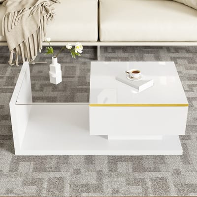 MODFU Salontafel - Met Opbergruimte En Led-Verlichting - Modern - Voor Woonkamer - Spaanplaat En Glas - Wit - 90 X 50 Cm