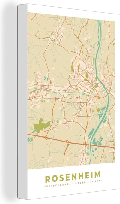 Canvas Schilderij Rosenheim - Plattegrond - Vintage - Kaart - Stadskaart - 20x30 cm - Wanddecoratie