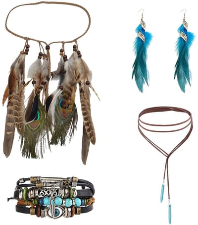 Dailygoods- Hoofdtooi 4-delig - Folkloristisch Veerhoofdtooi - Leren Ketting - Wikkelarmband - Dromenvanger-Oorbellen - Bohemien Flair - Hoofdband