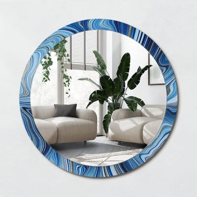 Wallfluent Bedrukte Ronde Spiegel - Ronde Spiegel Met Decoratie Marmeren Rivier - 100 cm / 86 cm - Gouden - Gouden Ronde Spiegel Lijst Met Print - Inloopkastspiegel - Badkamerspiegel - Toiletspiegel - Top Kwaliteit