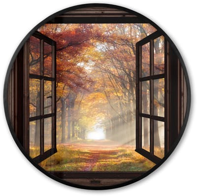 Poster in lijst Rond - Fotolijst 60x60 cm - Posters - Herfst - Bos - Bomen - Natuur - Doorkijk - Ronde posterlijst zwart - Decoratie - Wanddecoratie woonkamer - Muurdecoratie slaapkamer