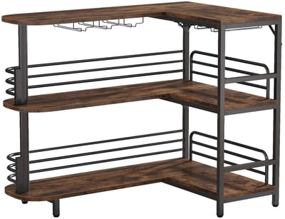 Velmio Barkast - L-Vormige Thuisbar - Drankkast Met Opbergplanken - Wijnrek Met Glazenhouder - Industriële Home Bar - 3 Laags - Bruin/Zwart