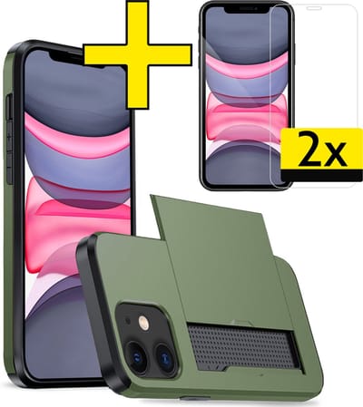 Hoesje Geschikt voor iPhone 11 Hoesje Case Pashouder Hard Cover Met 2x Screenprotector - Hoes Geschikt voor iPhone 11 Hoesje Met Kaarthouder - Donkergroen