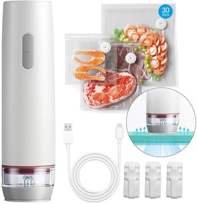 LISM-Handzame vacuümsealer voor voedsel met 30 herbruikbare vacuümzakken, draadloos en draagbaar, geschikt voor gebruik in de keuken en thuis.