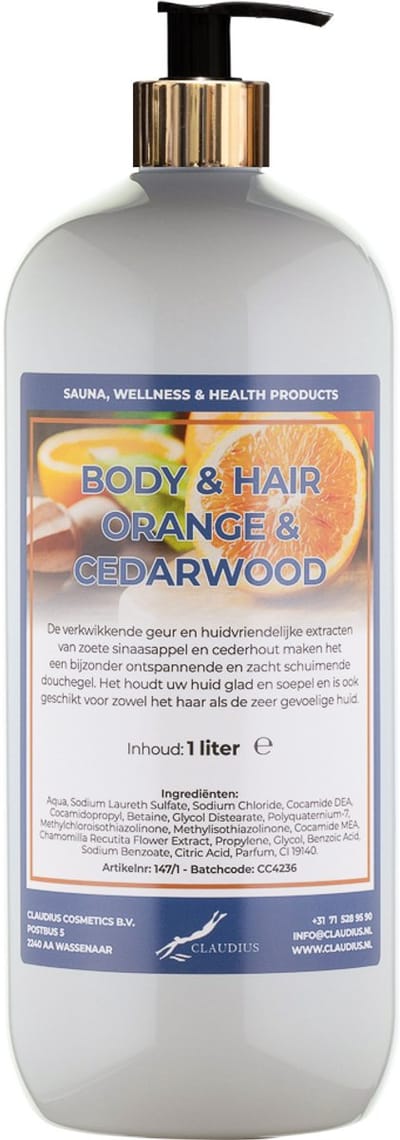 Body & Hair Sweet Orange & Cedarwood 1 liter met gouden pomp - 2 in 1 voor lichaam en haar