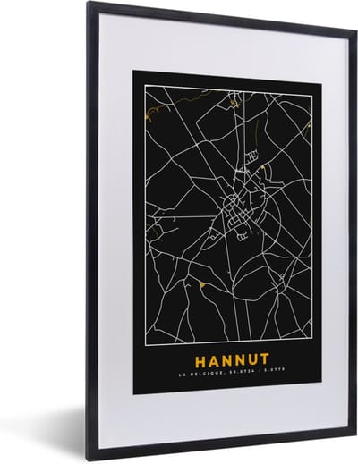 Fotolijst incl. Poster - Kaart - Hannut - Goud - Stadskaart - Plattegrond - 40x60 cm - Posterlijst