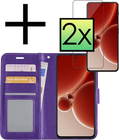Hoesje - Met 2x Screenprotector - Geschikt voor OnePlus Nord 3 - Luxe Pasjeshouder - Bookcase Portemonee - Flip Case - Kunstleer Book Case - Flipcase Hoes - Book Cover - Walletcase - Portemonneehoes - Paars