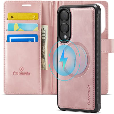 Casemania Hoesje Geschikt voor Samsung Galaxy S25 Edge - Pale Pink - Geschikt voor MagSafe - Luxe Kunstleer 2 in 1 Afneembare Bookcase - Anti-Vingerafdruk - Portemonnee Telefoonhoesje met Pasjeshouder