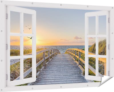 Gards Tuinposter Doorkijk Voetpad met Zee en Vogels - 180x120 cm - Tuindoek - Tuindecoratie - Wanddecoratie buiten - Tuinschilderij