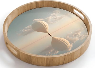 Dienblad rond 40x40 cm - Schootdienblad hout - Luchtballon - Wolken - Water - Blauw - Borrelplank rechthoek - Plateau houten dienbladen