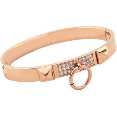 Bracelet jonc de luxe en acier inoxydable pour femme avec rivets coniques et pavés de zircons, ton or beige