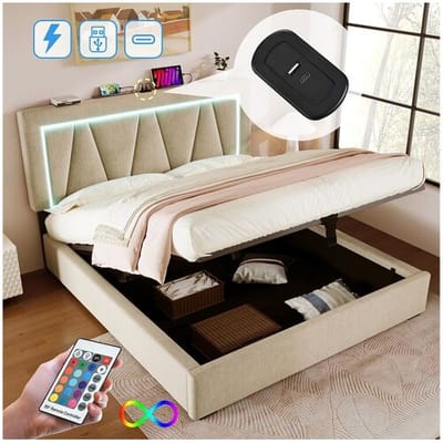 Merax Opbergbed 140 x 200 cm voor volwassenen - USB + Type C + LED's - linnen stof - beige