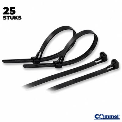 25x Commel Hersluitbaar / Herbruikbaar Kabelbinders - 250 x 7.5 mm - Zwart - Nylon - Treksterkte 22kg