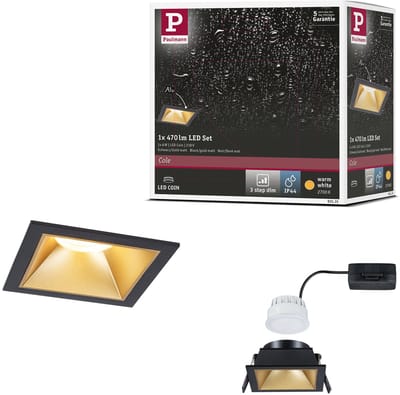 LED-inbouwlamp 3-Step-Dim Cole Coin Set van 1 IP44 hoekig 88x88 mm Coin 6W 470lm 230V dimbaar 2700K Zwart, Goud mat