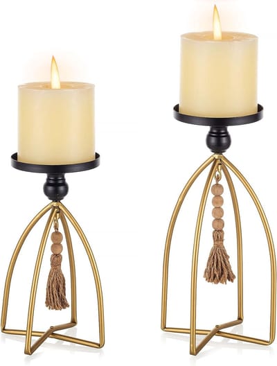 Stompkaarsenhouder Boho decoratie - set van 2 vintage parels kandelaars decoratief zwart goud metaal boerderij rustiek tafelopzetstuk woonkamer schoorsteenmantel rek home deocoration
