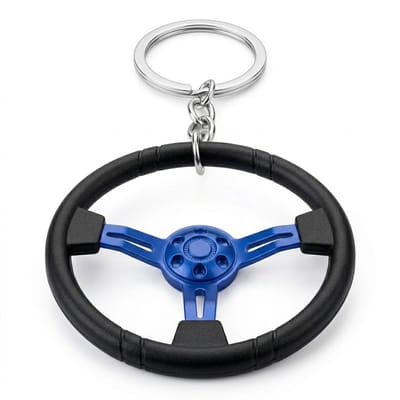 Zwart blauwkleurige stuurwiel sleutelhanger metalen sleutelhanger dames en heren met rond stuur ontwerp en blauw middendeel, decoratieve keychain voor autosleutel en tas
