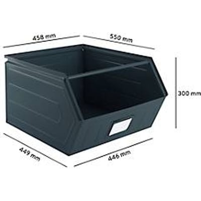 Schäfer Shop Select magazijnbak met open voorzijde, met draagbeugel, L 550 x B 458 x H 300 mm, 60 l, 130 kg, staal, RAL 5008 (grijsblauw)