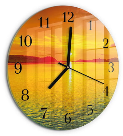 Tulup Wandklok - Zonsondergang Moderne Wandklok Glas - 30fi cm - Oranje Wandklok Glas Decoratie - Zwarte Handen - Ronde Wandklok - Gekleurde Glazen Klok - Glazen Klok Met Print