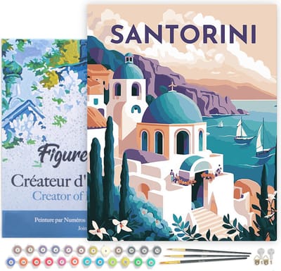 Figured'Art Schilderen op Nummer Volwassenen met lijst Reisposter Santorini- Handwerk acrylverf Kit DIY Compleet - 40x50cm Canvas al ingelijst