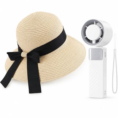 VHV - Zonnehoed en Ventilator Set - dames beige opvouwbare strohoed met brede rand en strik - Aparte handventilator - Voor strand, reizen, camping