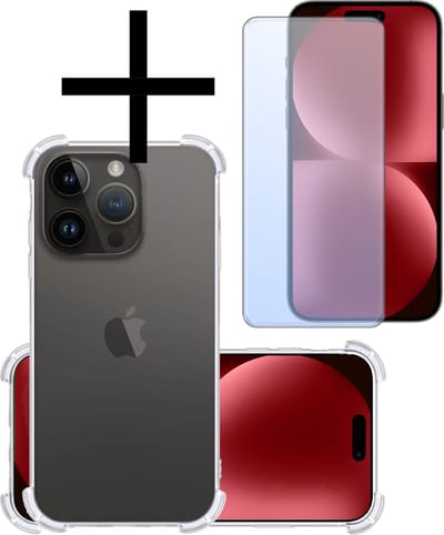 Hoesje - Met Screenprotector - Geschikt voor Apple iPhone 15 Pro - Sterk & Shockproof - Siliconen Case - Back Cover - Telefoon Hoes - Shock Proof - Transparant