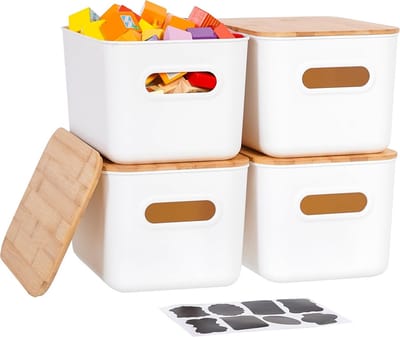 Opbergdozen Set - Plastic Bakken - Huishoudelijke Organisatie - Met Bamboe Deksel - 4 Stuks 6.5L - Wit