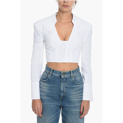 Popeline katoenen crop top met lange mouwen in wit