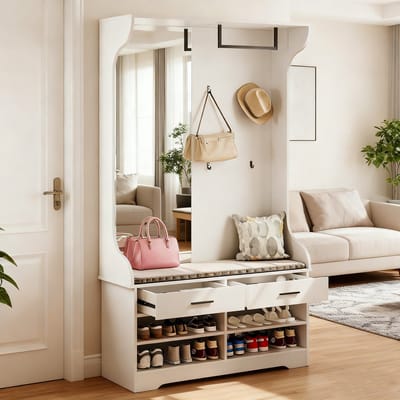 Halmeubelset met schoenenkast, 104 x 35 x 180 cm, halmeubelset met schoenenbankje, haken, spiegel en kledingrek voor de entree
