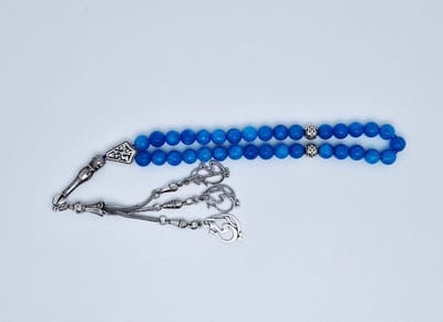 Handgemaakte tesbih "tasbih" natuursteen " Blauwe Agaat" - Aantal kralen 33 - Diameter kralen 8 MM - met metaal tassel "model 7" - Een mooi cadeau-idee