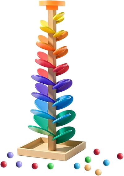 Houten Kogelbaan - Regenboog Toren - Kleuren Leren - Muziek Geluiden - 30 x 37.5 cm - Multicolor