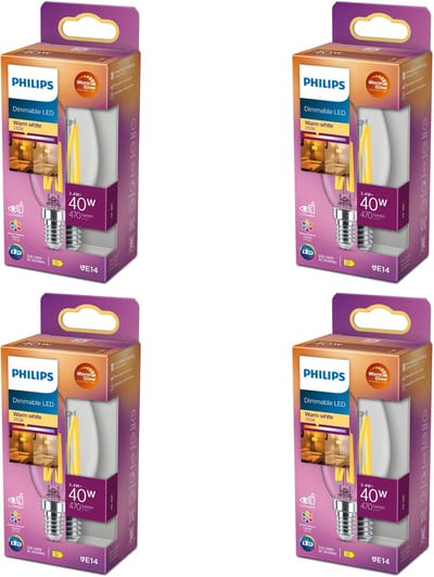 Philips Voordeelverpakking - E14 - LED Kaarslamp - Helder - 40W - Dimbaar - Warmwit Licht - Set van 4 Stuks