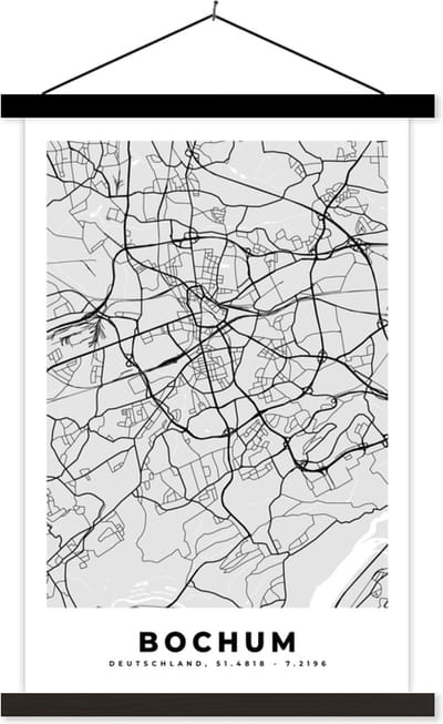 Posterhanger incl. Poster 40x60 cm - Schoolplaat - Duitsland - Stadskaart - Plattegrond - Bochum - Kaart - Textielposter - Zwarte latten - Stadskaart