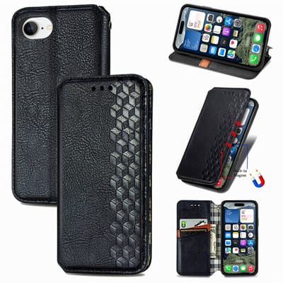 Luxe PU Lederen Ruitpatroon Wallet Case + Screenprotector voor iPhone 17e / 16e _ Zwart