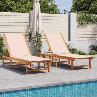 vidaXL - Ligbedden - 2 - st - met - tafel - massief - acaciahout - en - textileen - crème